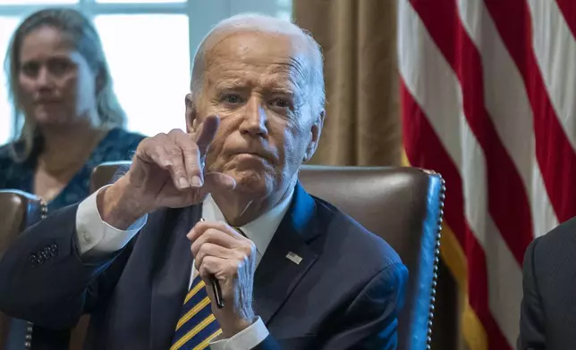 President Joe Biden speaks during a meeting with the members of his cabinet and first lady Jill Biden, in the Cabinet Room of the White House, Friday, Sept. 20, 2024. (AP Photo/Manuel Balce Ceneta)