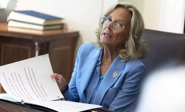 First lady Jill Biden, third from left, speaks during a cabinet meeting presided over by President Joe Biden, in the Cabinet Room of the White House, Friday, Sept. 20, 2024. (AP Photo/Manuel Balce Ceneta)