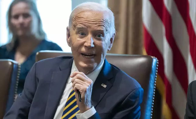 President Joe Biden speaks during a meeting with the members of his cabinet and first lady Jill Biden, in the Cabinet Room of the White House, Friday, Sept. 20, 2024. (AP Photo/Manuel Balce Ceneta)