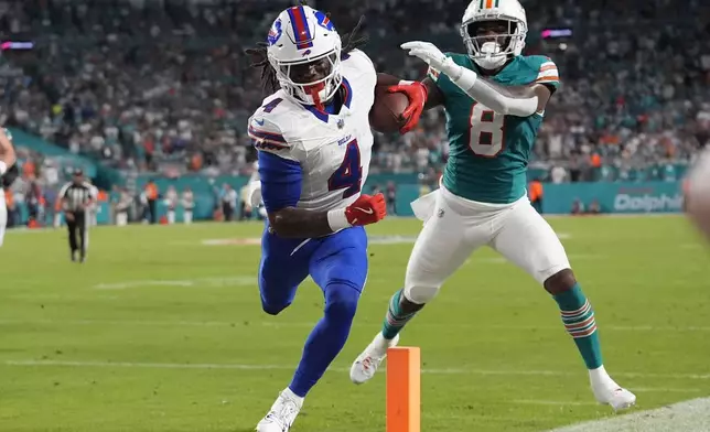 Buffalo Bills running back James Cook (4) scores a touchdown during the first half of an NFL football game against the Miami Dolphins, Thursday, Sept. 12, 2024, in Miami Gardens, Fla. (AP Photo/Lynne Sladky)