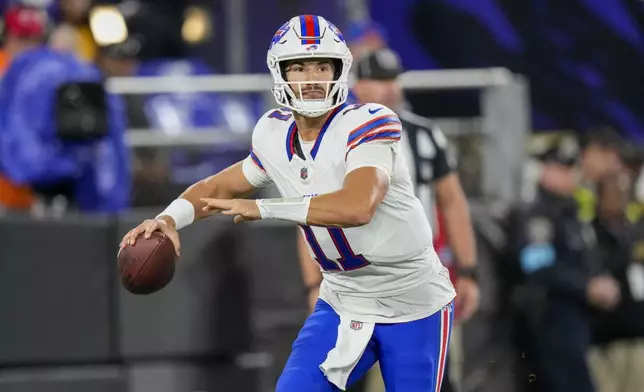 Buffalo Bills quarterback Mitchell Trubisky throws a pass against the Baltimore Ravens during the second half of an NFL football game, Sunday, Sept. 29, 2024, in Baltimore. (AP Photo/Stephanie Scarbrough)