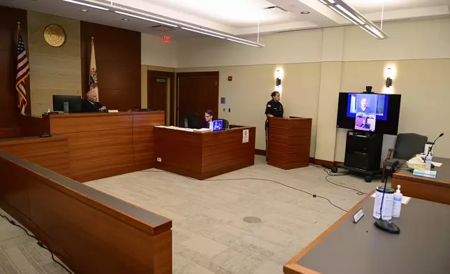 Sean M. Higgins, right, the alleged drunken driver charged with killing NHL hockey player Johnny Gaudreau and his brother Matthew as they bicycled on a rural road, appears before Judge Michael Silvanio, left, for his hearing via video from jail, Friday, Sept. 13, 2024, in Woodbury, N.J. (AP Photo/Derik Hamilton)