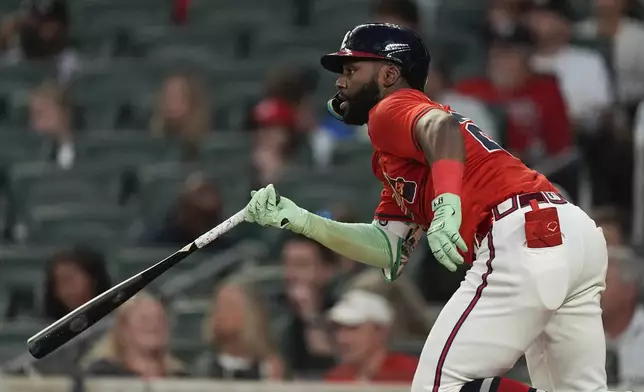 Atlanta Braves' Michael Harris II drives in a run with a ground ball in the second inning of a baseball game against the Toronto Blue Jays Friday, Sept. 6, 2024, in Atlanta. (AP Photo/John Bazemore)