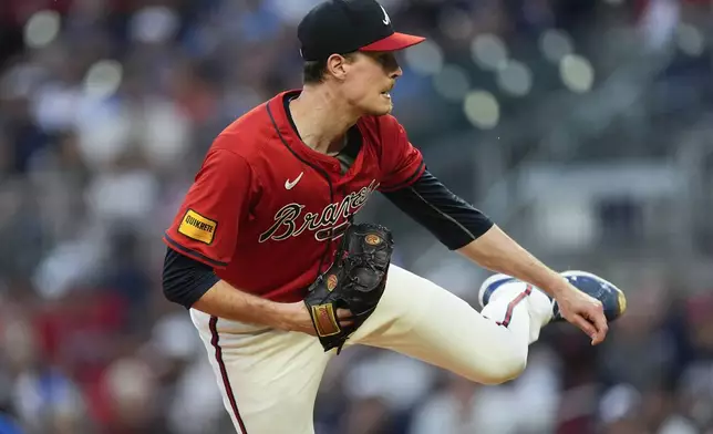 Atlanta Braves starting pitcher Max Fried (54) works against the Toronto Blue Jays in the second inning of a baseball game Friday, Sept. 6, 2024, in Atlanta. (AP Photo/John Bazemore)