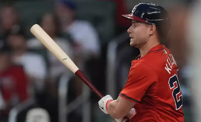 Atlanta Braves' Jarred Kelenic drives in a run with a base hit in the second inning of a baseball game against the Toronto Blue Jays Friday, Sept. 6, 2024, in Atlanta. (AP Photo/John Bazemore)