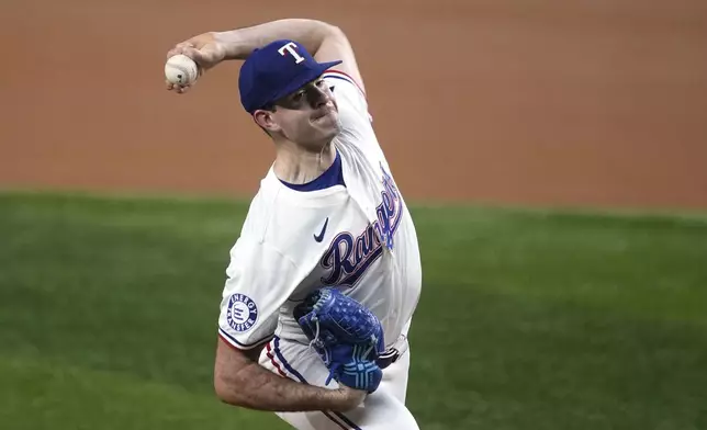 Texas Rangers starting pitcher Cody Bradford throws to the Toronto Blue Jays in the first inning of a baseball game in Arlington, Texas, Wednesday, Sept. 18, 2024. (AP Photo/Tony Gutierrez)