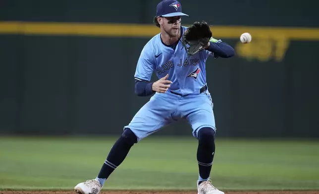 Toronto Blue Jays' Ernie Clement fields a ground out by Texas Rangers' Marcus Semien in the fifth inning of a baseball game in Arlington, Texas, Wednesday, Sept. 18, 2024. (AP Photo/Tony Gutierrez)w