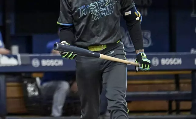 Tampa Bay Rays' Jose Siri reacts after striking out against Toronto Blue Jays starter Yariel Rodríguez during the second inning of a baseball game Saturday, Sept. 21, 2024, in St. Petersburg, Fla. (AP Photo/Steve Nesius)