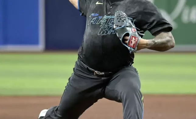 Tampa Bay Rays reliever Manuel Rodríguez pitches against the Toronto Blue Jays during the sixth inning of a baseball game Saturday, Sept. 21, 2024, in St. Petersburg, Fla. (AP Photo/Steve Nesius)