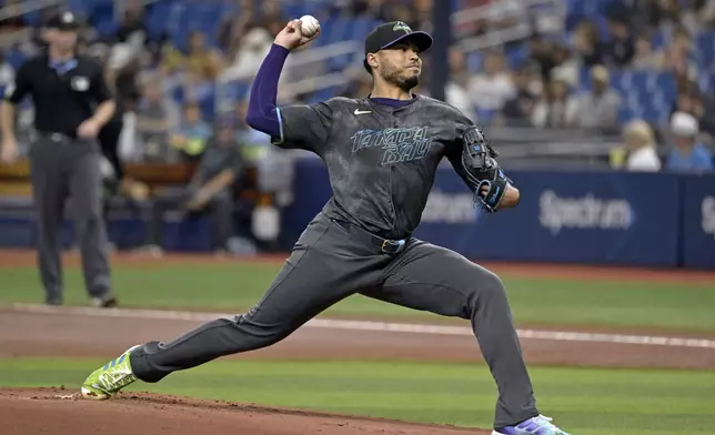 Tampa Bay Rays starter Taj Bradley pitches against the Toronto Blue Jays during the first inning of a baseball game Saturday, Sept. 21, 2024, in St. Petersburg, Fla. (AP Photo/Steve Nesius)