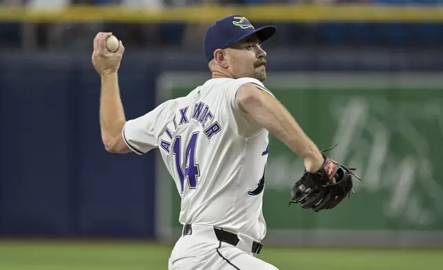 Tampa Bay Rays starter Tyler Alexander pitches against the Toronto Blue Jays during the first inning of a baseball game Friday, Sept. 20, 2024, in St. Petersburg, Fla. (AP Photo/Steve Nesius)