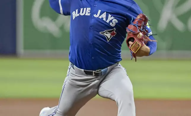 Toronto Blue Jays starter José Berríos pitches against the Tampa Bay Rays during the first inning of a baseball game Friday, Sept. 20, 2024, in St. Petersburg, Fla. (AP Photo/Steve Nesius)