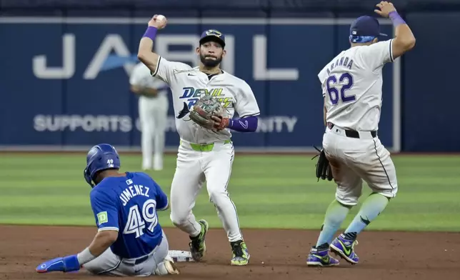 Tampa Bay Rays' Jonathan Aranda (62) steps out of the way as Tampa Bay shortstop José Caballero, center, holds up on a throw to first after forcing out Toronto Blue Jays' Leo Jiménez at second base during the fourth inning of a baseball game Friday, Sept. 20, 2024, in St. Petersburg, Fla. (AP Photo/Steve Nesius)