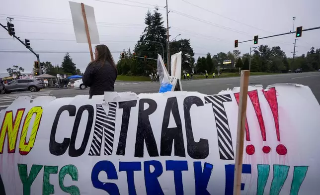 13-year Boeing employee Denise Strike waves a picket sign while striking with other employees after union members voted to reject a contract offer, Sunday, Sept. 15, 2024, near the company's factory in Everett, Wash. (AP Photo/Lindsey Wasson)