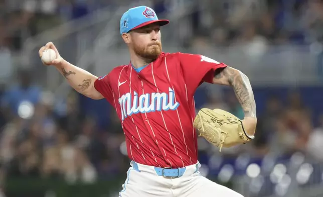 Miami Marlins starting pitcher Adam Oller (77) aims a pitch during the first inning of a baseball game against the Atlanta Braves, Saturday, Sept. 21, 2024, in Miami. (AP Photo/Marta Lavandier)