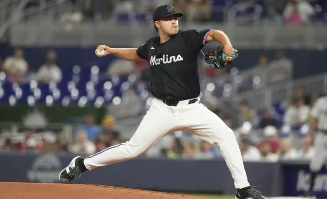 Miami Marlins pitcher Valente Bellozo (83) aims a pitch during the first inning of a baseball game against the Atlanta Braves, Friday, Sept. 20, 2024, in Miami. (AP Photo/Marta Lavandier)