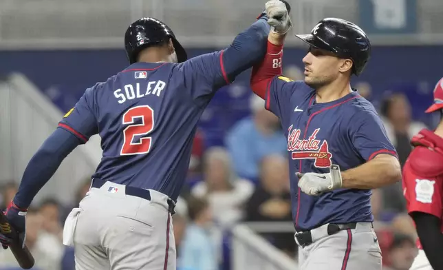 Atlanta Braves' Matt Olson celebrates a two-run home run with Jorge Soler (2) during the seventh inning of a baseball game against the Miami Marlins, Saturday, Sept. 21, 2024, in Miami. (AP Photo/Marta Lavandier)