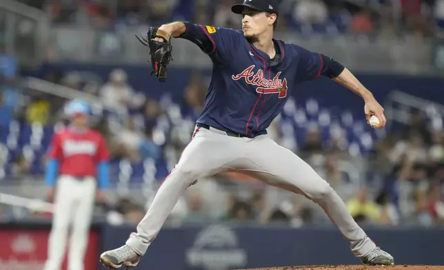 Atlanta Braves starting pitcher Max Fried aims a pitch during the second inning of a baseball game against the Miami Marlins, Saturday, Sept. 21, 2024, in Miami. (AP Photo/Marta Lavandier)