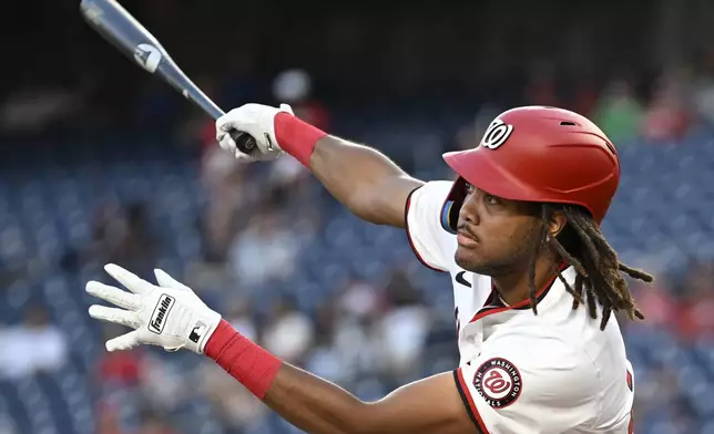 Washington Nationals' James Wood follows through on a double during the first inning of a baseball game against the Atlanta Braves, Tuesday, Sept. 10, 2024, in Washington. (AP Photo/John McDonnell)