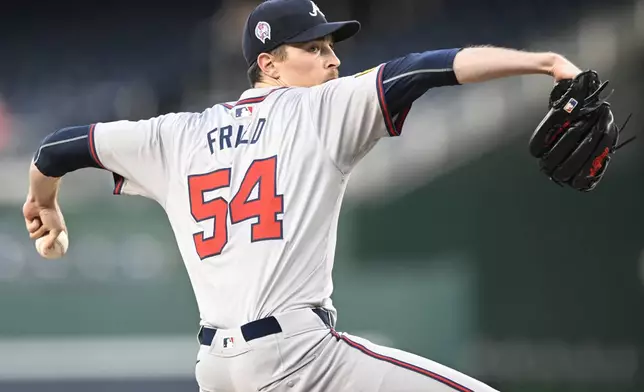 Atlanta Braves starting pitcher Max Fried throws during the first inning of a baseball game against the Washington Nationals, Wednesday, Sept. 11, 2024, in Washington. (AP Photo/John McDonnell)