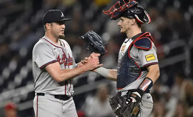 Atlanta Braves relief pitcher Luke Jackson, left, is congratulated by Braves catcher Sean Murphy after finishing off the ninth inning to defeat the Washington Nationals in a baseball game, Tuesday, Sept. 10, 2024, in Washington. (AP Photo/John McDonnell)