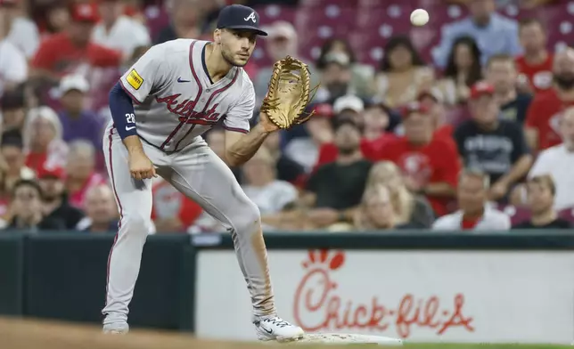 Atlanta Braves first baseman Matt Olson makes a play at first base to get Cincinnati Reds' Noelvi Marte out during the second inning of a baseball game Tuesday, Sept. 17, 2024, in Cincinnati. (AP Photo/Jay LaPrete)