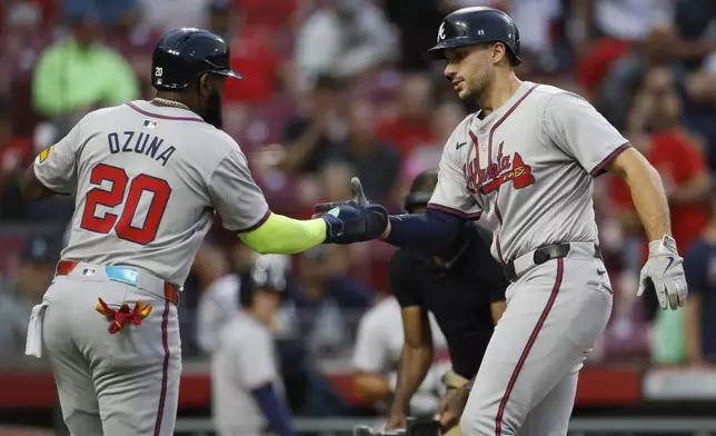 Atlanta Braves' Matt Olson, right, celebrates his home run against the Cincinnati Reds with teammate Marcell Ozuna during the first inning of a baseball game, Tuesday, Sept. 17, 2024, in Cincinnati. (AP Photo/Jay LaPrete)