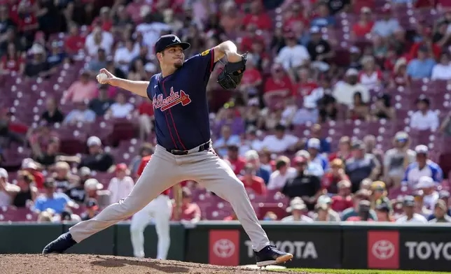 Atlanta Braves pitcher Luke Jackson delivers during the seventh inning of a baseball game against the Cincinnati Reds, Thursday, Sept. 19, 2024, in Cincinnati. (AP Photo/Joshua A. Bickel)