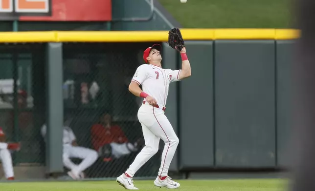 Cincinnati Reds left fielder Spencer Steer catches a fly ball hit by Atlanta Braves' Ramón Laureano during the second inning of a baseball game, Wednesday, Sept. 18, 2024, in Cincinnati. (AP Photo/Jay LaPrete)