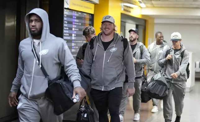 Philadelphia Eagles players arrive at Sao Paulo International airport ahead of a game against the Philadelphia Eagles, in Guarulhos, greater Sao Paulo, Wednesday, Sept. 4, 2024. (AP Photo/Andre Penner)