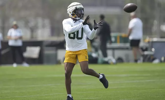 Green Bay Packers wide receiver Bo Melton trains in Sao Paulo, Brazil, Thursday, Sept. 5, 2024, ahead of a game with the Philadelphia Eagles on Friday. (AP Photo/Fernando Llano)