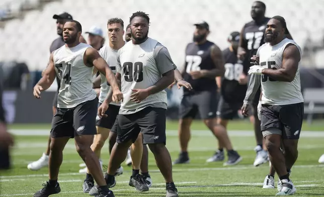 Philadelphia Eagles players practice ahead of a game against the Green Bay Packers at the Neo Quimica Arena in Sao Paulo, Thursday, Sept. 5, 2024. (AP Photo/Andre Penner)