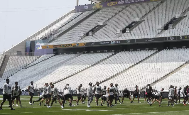 The Philadelphia Eagles practice ahead of a game against the Green Bay Packers at the Neo Quimica Arena in Sao Paulo, Brazil, Thursday, Sept. 5, 2024. (AP Photo/Andre Penner)