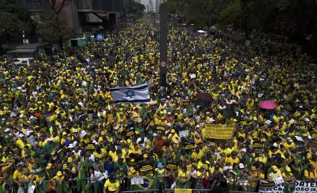 Demonstrators take part in a protest calling for the impeachment of Supreme Court Minister Alexandre de Moraes, who recently imposed a nationwide block on Elon Musk’s social media platform X, in Sao Paulo, Saturday, Sept. 7, 2024. (AP Photo/Ettore Chiereguini)