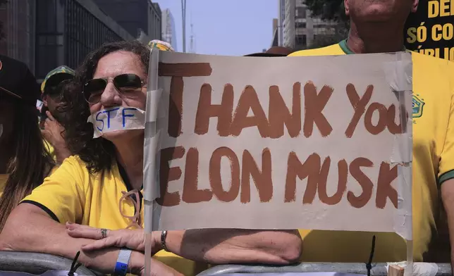 Demonstrators take part in a demonstration calling for the impeachment of Supreme Court Minister Alexandre de Moraes, who recently imposed a nationwide block on Elon Musk’s social media platform X, in Sao Paulo, Saturday, Sept. 7, 2024. (AP Photo/Ettore Chiereguini)