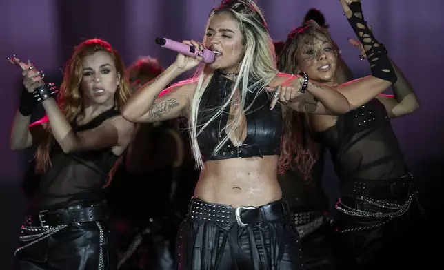 Colombian singer Karol G performs during the Rock in Rio music festival in Rio de Janeiro, Friday, Sept. 20, 2024. (AP Photo/Bruna Prado)