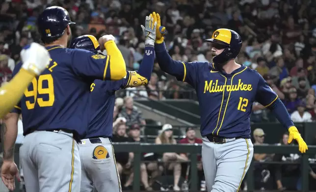 Milwaukee Brewers' Rhys Hoskins (12) celebrates with teammates after hitting a two-run home run against the Arizona Diamondbacks in the fourth inning during a baseball game, Friday, Sept. 13, 2024, in Phoenix. (AP Photo/Rick Scuteri)