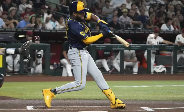 Milwaukee Brewers' Jackson Chourio hits a double against the Arizona Diamondbacks in the first inning during a baseball game, Friday, Sept. 13, 2024, in Phoenix. (AP Photo/Rick Scuteri)