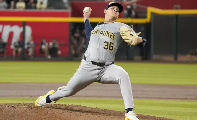 Milwaukee Brewers pitcher Tobias Myers (36) throws against the Arizona Diamondbacks during the first inning of a baseball game, Saturday, Sept. 14, 2024, in Phoenix. (AP Photo/Darryl Webb)