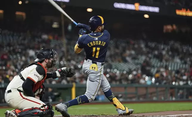 Milwaukee Brewers' Jackson Chourio, right, hits a two-run home run during the eighth inning of a baseball game against the San Francisco Giants, Thursday, Sept. 12, 2024. (AP Photo/Kavin Mistry)