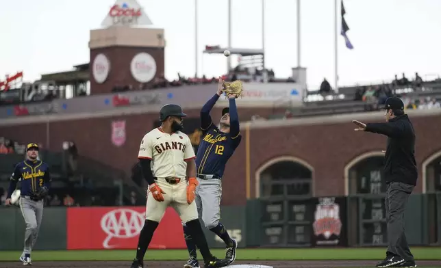 Milwaukee Brewers first baseman Rhys Hoskins (12) catches a popup hit by San Francisco Giants' Matt Chapman during the first inning of a baseball game Wednesday, Sept. 11, 2024, in San Francisco. (AP Photo/Godofredo A. Vásquez)