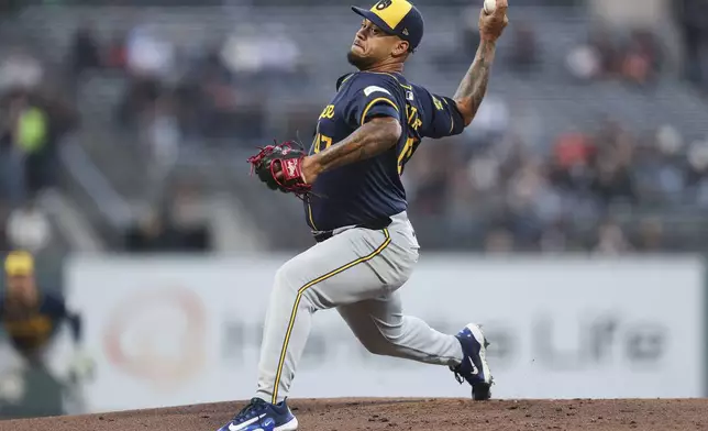 Milwaukee Brewers' Frankie Montas pitches to a San Francisco Giants batter during the first inning of a baseball game in San Francisco, Thursday, Sept. 12, 2024. (AP Photo/Kavin Mistry)