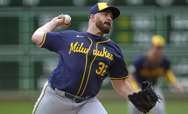 Milwaukee Brewers starting pitcher Aaron Civale delivers during the second inning of a baseball game against the Pittsburgh Pirates in Pittsburgh, Thursday, Sept. 26, 2024. (AP Photo/Gene J. Puskar)