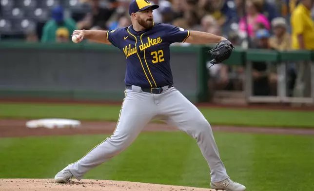 Milwaukee Brewers starting pitcher Aaron Civale delivers during the second inning of a baseball game against the Pittsburgh Pirates in Pittsburgh, Thursday, Sept. 26, 2024. (AP Photo/Gene J. Puskar)