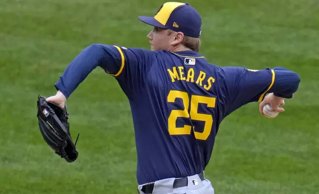 Milwaukee Brewers relief pitcher Nick Mears delivers during the seventh inning of a baseball game against the Pittsburgh Pirates in Pittsburgh, Thursday, Sept. 26, 2024. (AP Photo/Gene J. Puskar)