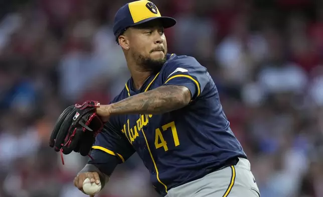 Milwaukee Brewers starting pitcher Frankie Montas winds up to throw during the second inning of a baseball game against the Cincinnati Reds, Saturday, Aug. 31, 2024, in Cincinnati. (AP Photo/Carolyn Kaster)