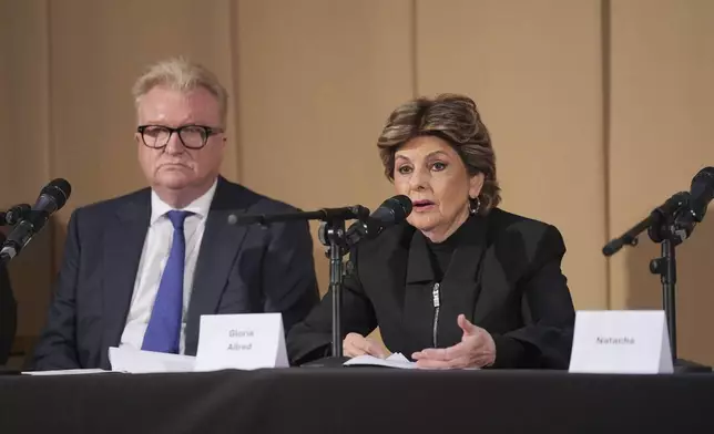 Members of the legal team, Dean Armstrong KC and American attorney Gloria Allred, who featured in 'Al-Fayed: Predator at Harrods' hold a press conference to discuss their involvement in the investigation and the legal claim against Harrods for failing to provide a safe system of work for their employees, at Kent House in Knightsbridge, London, Friday Sept. 20, 2024. Multiple ex-Harrods employees have accused Mohamed Al Fayed, the Egyptian billionaire who owned the luxury department store for more than 25 years, of rape and sexual assault. (Yui Mok/PA via AP)