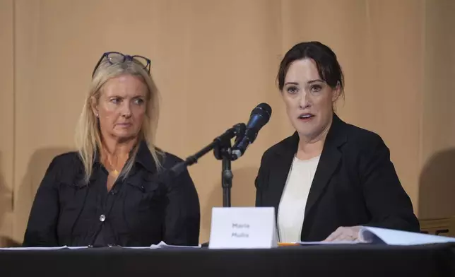 Natacha (no surname given), left, and barrister Maria Mulla, who featured in 'Al-Fayed: Predator at Harrods' hold a press conference to discuss their involvement in the investigation and the legal claim against Harrods for failing to provide a safe system of work for their employees, at Kent House in Knightsbridge, London, Friday Sept. 20, 2024. Multiple ex-Harrods employees have accused Mohamed Al Fayed, the Egyptian billionaire who owned the luxury department store for more than 25 years, of rape and sexual assault. (Yui Mok/PA via AP)