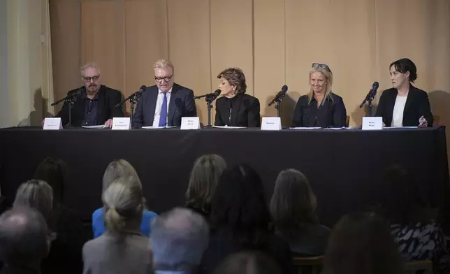 The legal team, from left, barrister Bruce Drummond, Dean Armstrong KC, attorney Gloria Allred, Natacha and barrister Maria Mulla, who featured in 'Al-Fayed: Predator at Harrods' attend a press conference to discuss their involvement in the investigation and the legal claim against Harrods for failing to provide a safe system of work for their employees, at Kent House in Knightsbridge, London, Friday Sept. 20, 2024. Multiple ex-Harrods employees have accused Mohamed Al Fayed, the Egyptian billionaire who owned the luxury department store for more than 25 years, of rape and sexual assault. (Yui Mok/PA via AP)