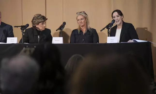 From left, American attorney Gloria Allred, Natacha (no surname given) and barrister Maria Mulla, who featured in 'Al-Fayed: Predator at Harrods' hold a press conference to discuss their involvement in the investigation and the legal claim against Harrods for failing to provide a safe system of work for their employees, at Kent House in Knightsbridge, London, Friday Sept. 20, 2024. Multiple ex-Harrods employees have accused Mohamed Al Fayed, the Egyptian billionaire who owned the luxury department store for more than 25 years, of rape and sexual assault. (Yui Mok/PA via AP)